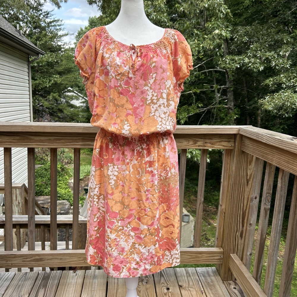 Talbots Silk Dress Women's Medium 10 Pink Orange Floral Peasant Fairy Office